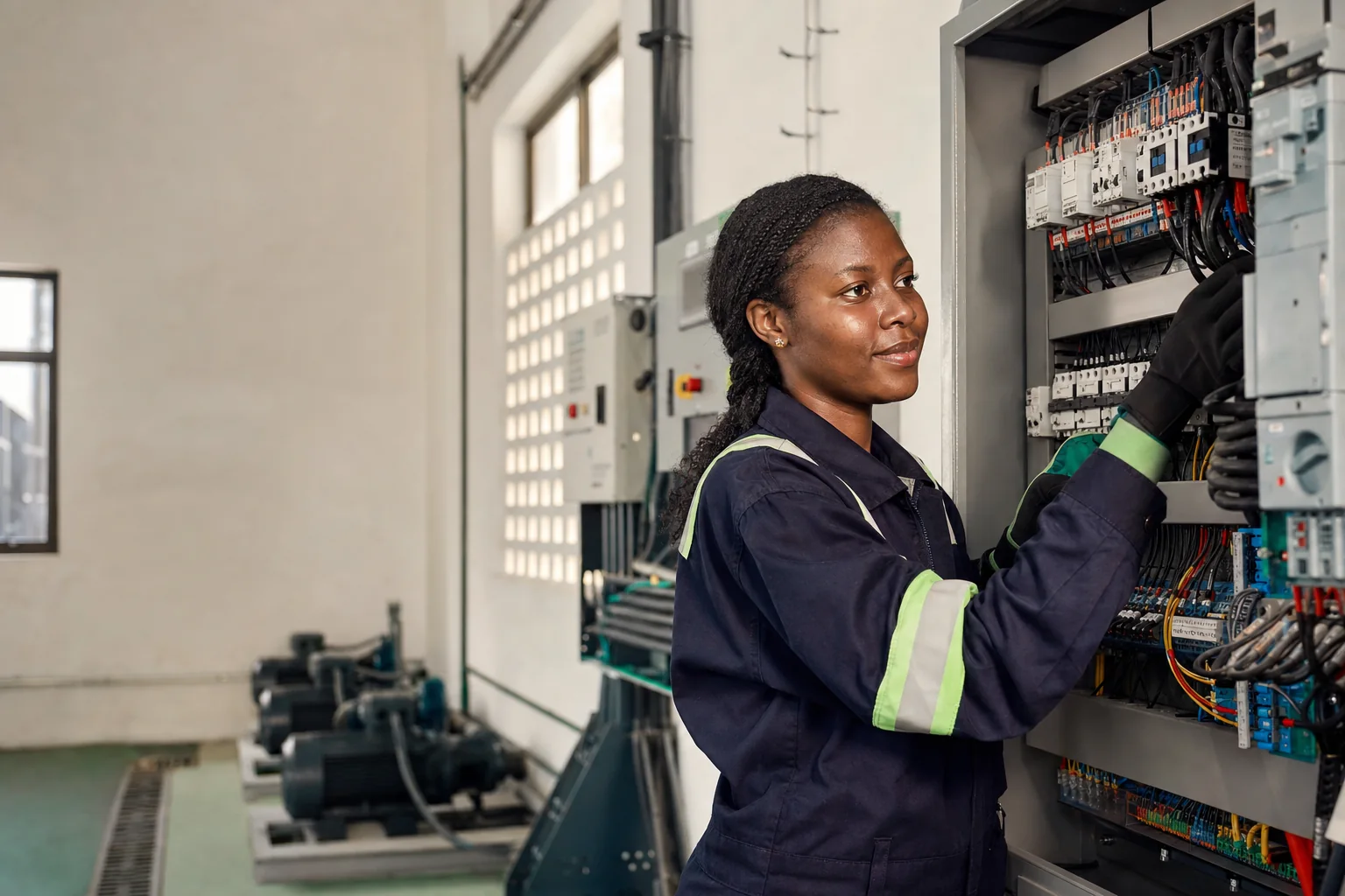 Engineer inspecting an industrial electrical control cabinet