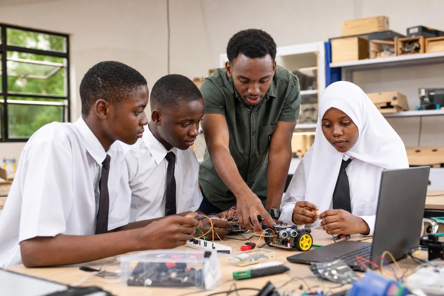 Students and an instructor developing a robotics project